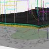 Wyniki modelowania w programie PETREL - Widok ogólny na model geologiczny złoża wraz z otworami badawczymi oraz otworami kierunkowymi i pionowymi do odmetanowania wyprzedzającego
